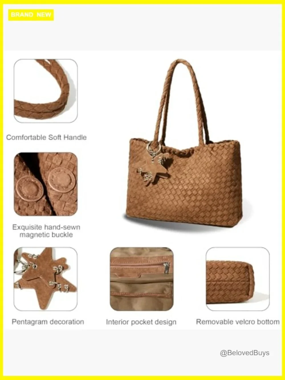 Woven Tote Bag with Removable Wallet, Faux Leather Hobo